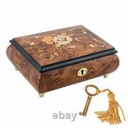 Floral Italian Hand Crafted Inlaid Wood Jewelry Music Box Plays Amazing Grace