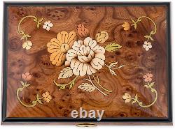 Floral Italian Hand Crafted Inlaid Wood Jewelry Music Box Plays Amazing Grace