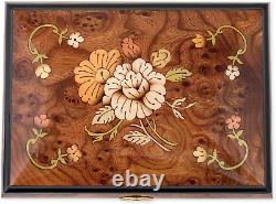 Floral Italian Hand Crafted Inlaid Wood Jewelry Music Box Plays Somewhere in Tim
