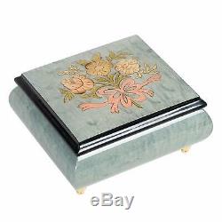Floral Light Blue Italian Inlaid Wood Jewelry Music Box Plays Romeo and Juliet