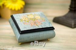 Floral Light Blue Italian Inlaid Wood Jewelry Music Box Plays Romeo and Juliet