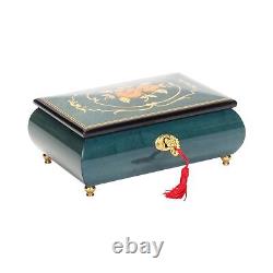 Flower Dark Blue Italian Hand Crafted Inlaid Wood Music Box Plays Swan Lake