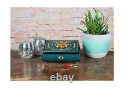 Flower Dark Blue Italian Hand Crafted Inlaid Wood Music Box Plays Swan Lake