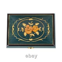 Flower Dark Blue Italian Hand Crafted Inlaid Wood Music Box Plays Swan Lake