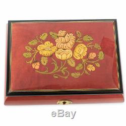 Flower Red Italian Hand Crafted Inlaid wood Music Box Plays Clair De Lune