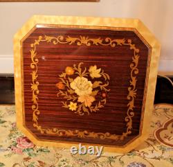 Footed Italian wooden inlay jewelry Reuge music box CIRCA 1950s