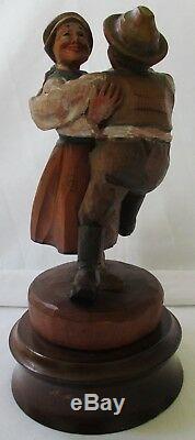 Germany Black Forest Carved Wood Dancing Couple Music Box Skater's Waltz
