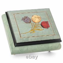 Glossy Tulips Blue Italian Inlaid Wood Jewelry Music Box Plays As Time Goes By