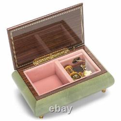Glossy Turquoise Inlaid Wood Jewelry Music Box Plays Waltz of the Flowers