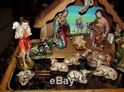 Gorgeous LARGE 1965 SEARS Nativity set w Music box lighted Wood Manger Japan 13