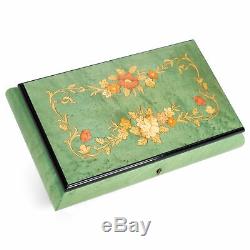 Green Floral Design Italian Inlaid Wood Musical Jewelry Box Plays Greensleeves