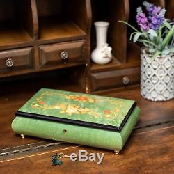 Green Floral Design Italian Inlaid Wood Musical Jewelry Box Plays Greensleeves