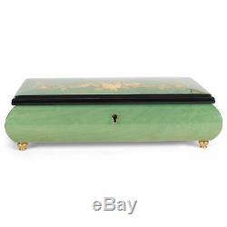 Green Floral Design Italian Inlaid Wood Musical Jewelry Box Plays Greensleeves