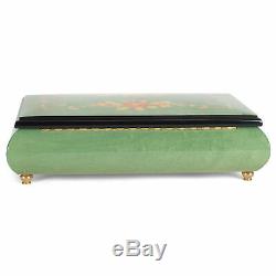 Green Floral Design Italian Inlaid Wood Musical Jewelry Box Plays Greensleeves