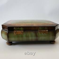 Green Wood Inlaid Lacquer Music Jewelry Box Swiss Handcrafted Edelweiss 9 VTG