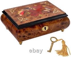 Haelo Red Rose Floral Butterfly Inlaid Wood Jewelry Music Box Plays Clair De Lun