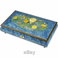 Handcrafted Wooden Blue Maple Burl Musical Jewellery Box with Marquetry Inlay