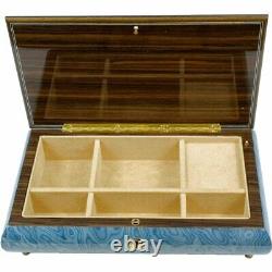 Handcrafted Wooden Blue Maple Burl Musical Jewellery Box with Marquetry Inlay