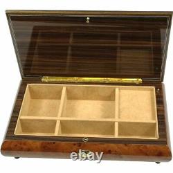 Handcrafted Wooden Elm Burl Musical Jewellery Box with Marquetry Inlay