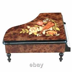 Handcrafted Wooden Elm Burl Musical Piano Jewellery Box with Marquetry Inlay