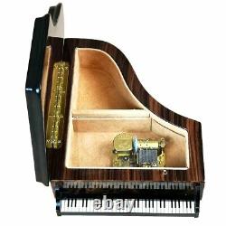Handcrafted Wooden Elm Burl Musical Piano Jewellery Box with Marquetry Inlay