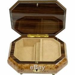 Handcrafted Wooden Maple Burl Musical Jewellery Box with Marquetry Inlay