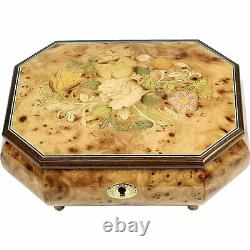 Handcrafted Wooden Maple Burl Musical Jewellery Box with Marquetry Inlay