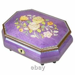 Handcrafted Wooden Purple Maple Burl Musical Jewellery Box with Marquetry Inlay