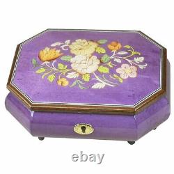 Handcrafted Wooden Purple Maple Burl Musical Jewellery Box with Marquetry Inlay