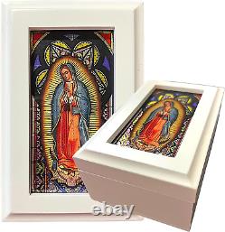 Hirten Our Lady of Guadalupe White Wood Music Box, Stained Glass Musical Jewelry