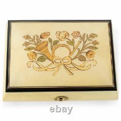 Horn White Italian Hand Crafted Inlaid Wood Music Box Plays Somewhere In Time