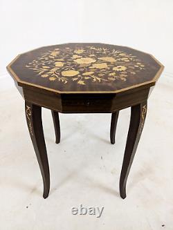 ITALIAN MARQUETRY MUSICAL TABLE Dodecagonal With Wind-Up Music Box Vintage