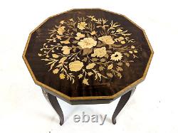 ITALIAN MARQUETRY MUSICAL TABLE Dodecagonal With Wind-Up Music Box Vintage