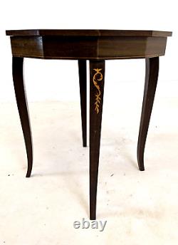 ITALIAN MARQUETRY MUSICAL TABLE Dodecagonal With Wind-Up Music Box Vintage