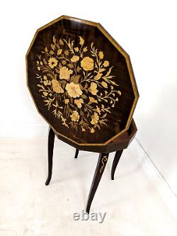 ITALIAN MARQUETRY MUSICAL TABLE Dodecagonal With Wind-Up Music Box Vintage