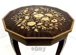 ITALIAN MARQUETRY MUSICAL TABLE Dodecagonal With Wind-Up Music Box Vintage