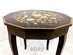 ITALIAN MARQUETRY MUSICAL TABLE Dodecagonal With Wind-Up Music Box Vintage