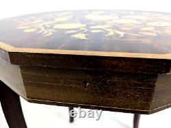 ITALIAN MARQUETRY MUSICAL TABLE Dodecagonal With Wind-Up Music Box Vintage