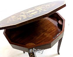 ITALIAN MARQUETRY MUSICAL TABLE Dodecagonal With Wind-Up Music Box Vintage