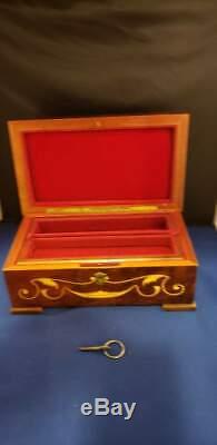 Inlaid Wood Music Box Ornate Floral Design with Key 10x5.75x5 Fuer Elise Vintage