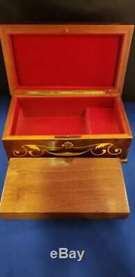 Inlaid Wood Music Box Ornate Floral Design with Key 10x5.75x5 Fuer Elise Vintage
