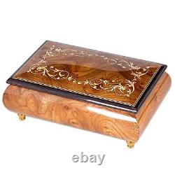 Italian Hand Crafted Inlaid Natural Elm Wood Musical Box Plays Waltz of The