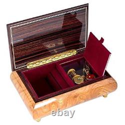 Italian Hand Crafted Inlaid Natural Elm Wood Musical Box Plays Waltz of The