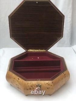 Italian Inlaid Jewellery Box Musical Movement, Lacquered Elm Burr Wood