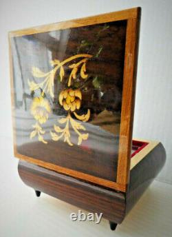 Italian Inlaid Wood Music Box, Floral Marquetry on Lid, Swiss Musical Movement R