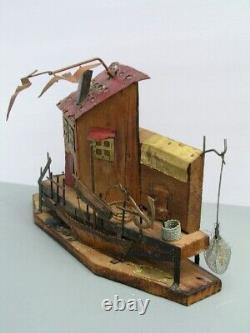 Japan Seagull Sankyo Movement WHARF SCULPTURE Music Box Wood Copper Brass Tin