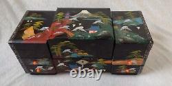 Japanese Black Lacquer Abalone Trinket Box Music Dancing Doll & Mirror 16.5x35cm