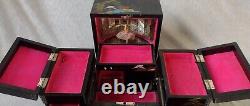 Japanese Black Lacquer Abalone Trinket Box Music Dancing Doll & Mirror 16.5x35cm