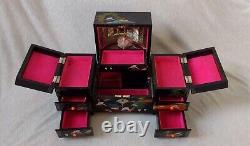 Japanese Black Lacquer Abalone Trinket Box Music Dancing Doll & Mirror 16.5x35cm