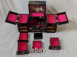 Japanese Black Lacquer Abalone Trinket Box Music Dancing Doll & Mirror 16.5x35cm